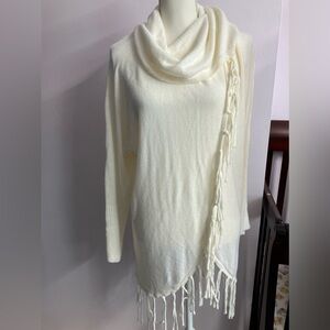Birch Women’s Pullover Cowl Neck Sweater, S, Cream White, Fringed